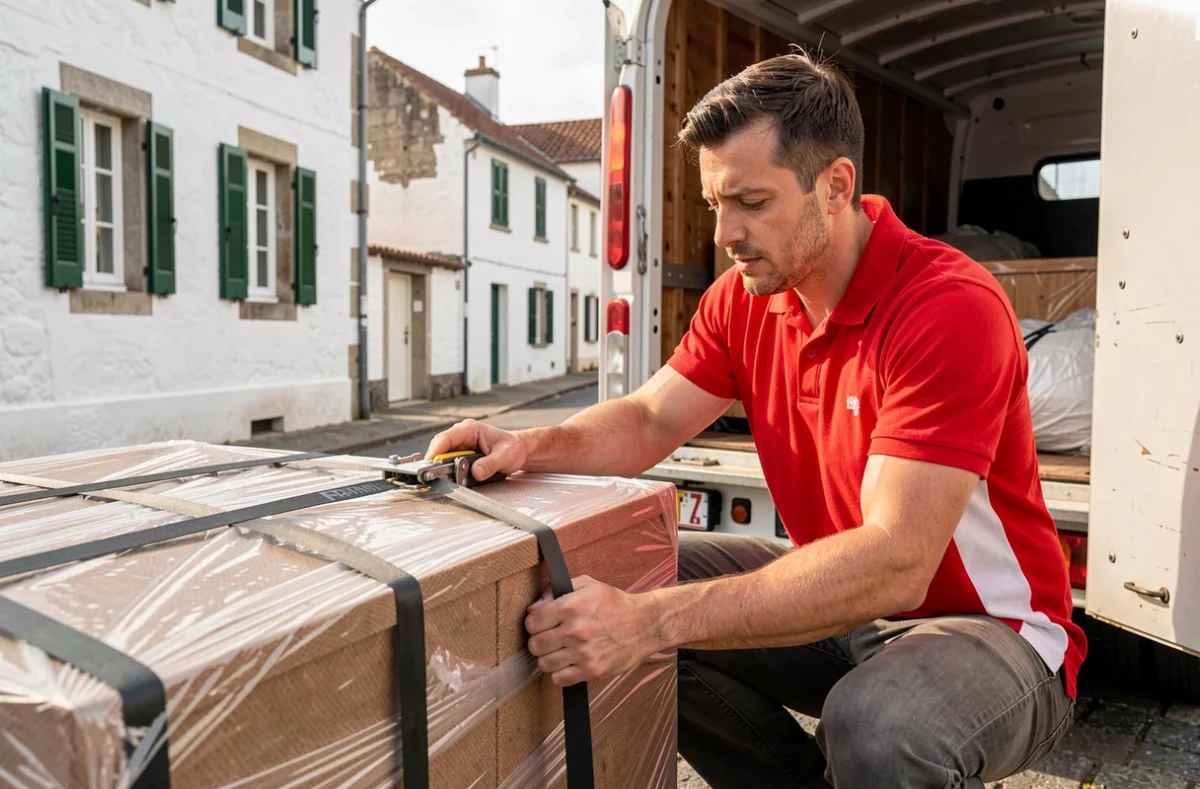 Déménageur d'Euskal Déménagement sécurisant des meubles dans un camion dans une rue de Biarritz