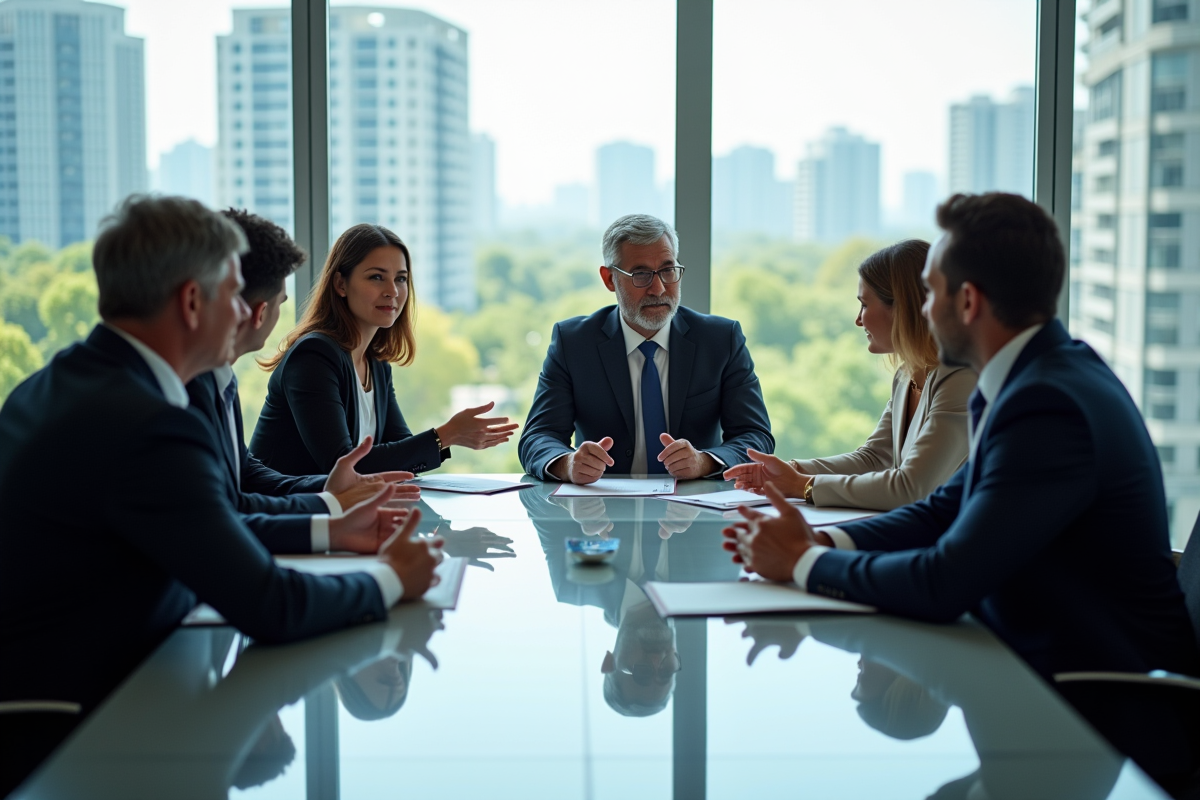 Groupe de cadres discutant autour d