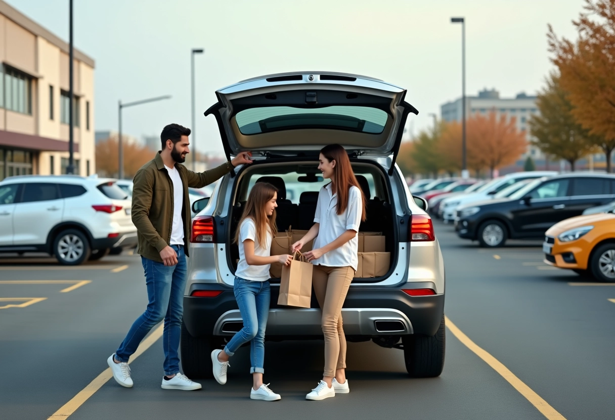 Famille chargant des courses dans un parking de supermarché avec un SUV