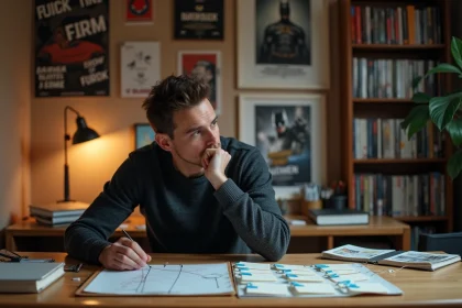 Fan de Batman assis à un bureau en bois organisant une chronologie détaillée des films avec des fiches colorées et des notes manuscrites