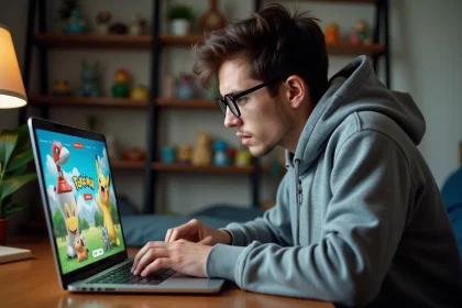 Jeune fan de Pokémon inquiet devant un écran affichant le site monpokedex, entouré de figurines et cartes Pokémon