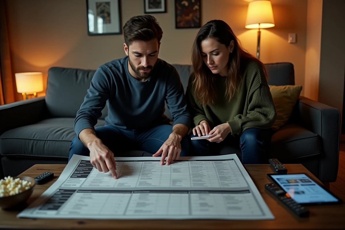 Deux fans de Batman étudiant ensemble une grande chronologie imprimée des films posée sur une table basse dans un salon cosy