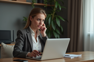 Femme d affaires regardant son ordinateur avec une carte de credit
