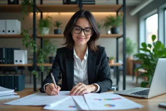 Femme d'affaires examinant des documents importants au bureau