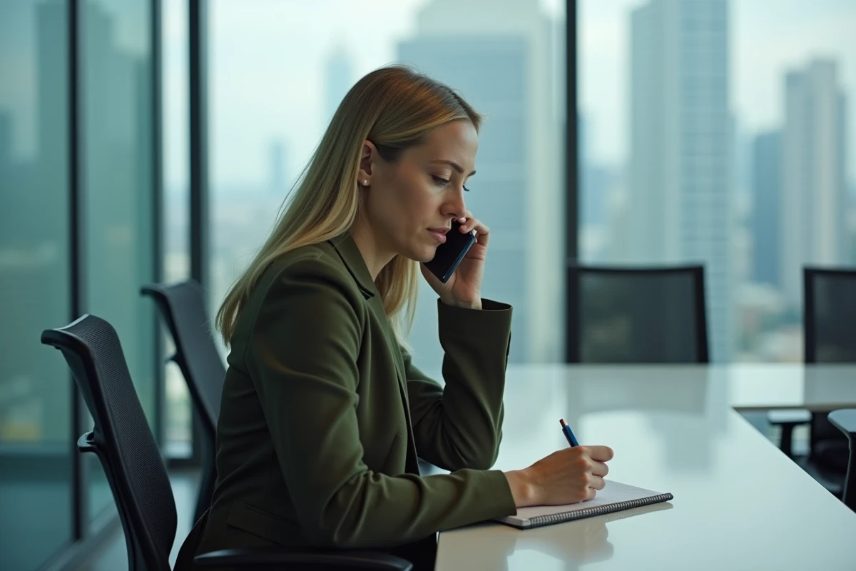 Femme d'affaires en salle de réunion notant les messages de sa messagerie fixe Free pour sécuriser le suivi client professionnel