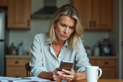 Femme d'affaires anxieuse regardant son smartphone