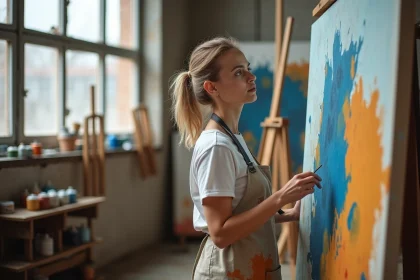 Femme artiste contemplant une peinture abstraite aux larges coups de pinceau colorés dans un atelier d'art authentique