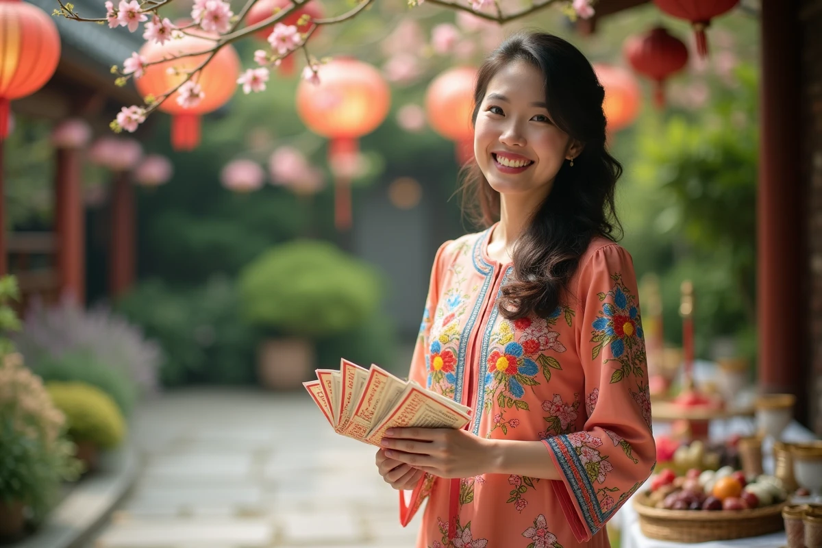Femme souriante tenant des invitations colorées en extérieur