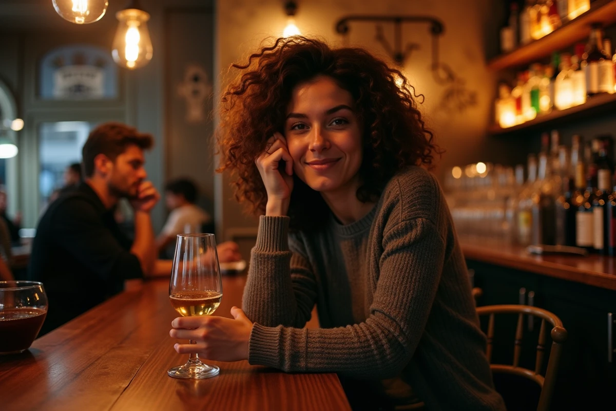 Jeune femme détendue au bar à Lille en soirée