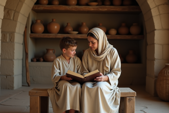 Femme et enfant lisant la Bible dans un cadre ancien