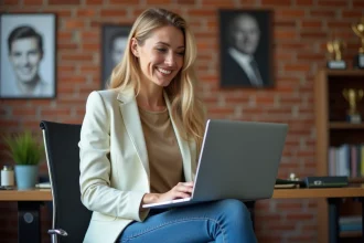 Femme souriante en blazer pastel travaillant sur son ordinateur