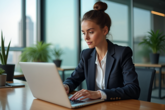 Femme professionnelle au bureau travaillant sur son ordinateur
