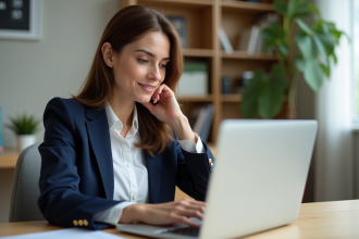 Femme professionnelle travaillant sur son ordinateur dans un bureau lumineux