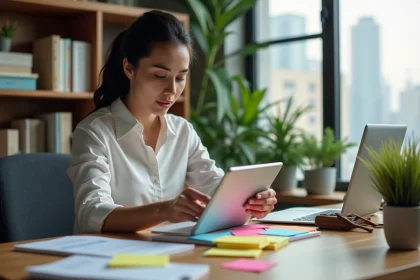 Jeune femme professionnelle organisant des notes dans un bureau moderne