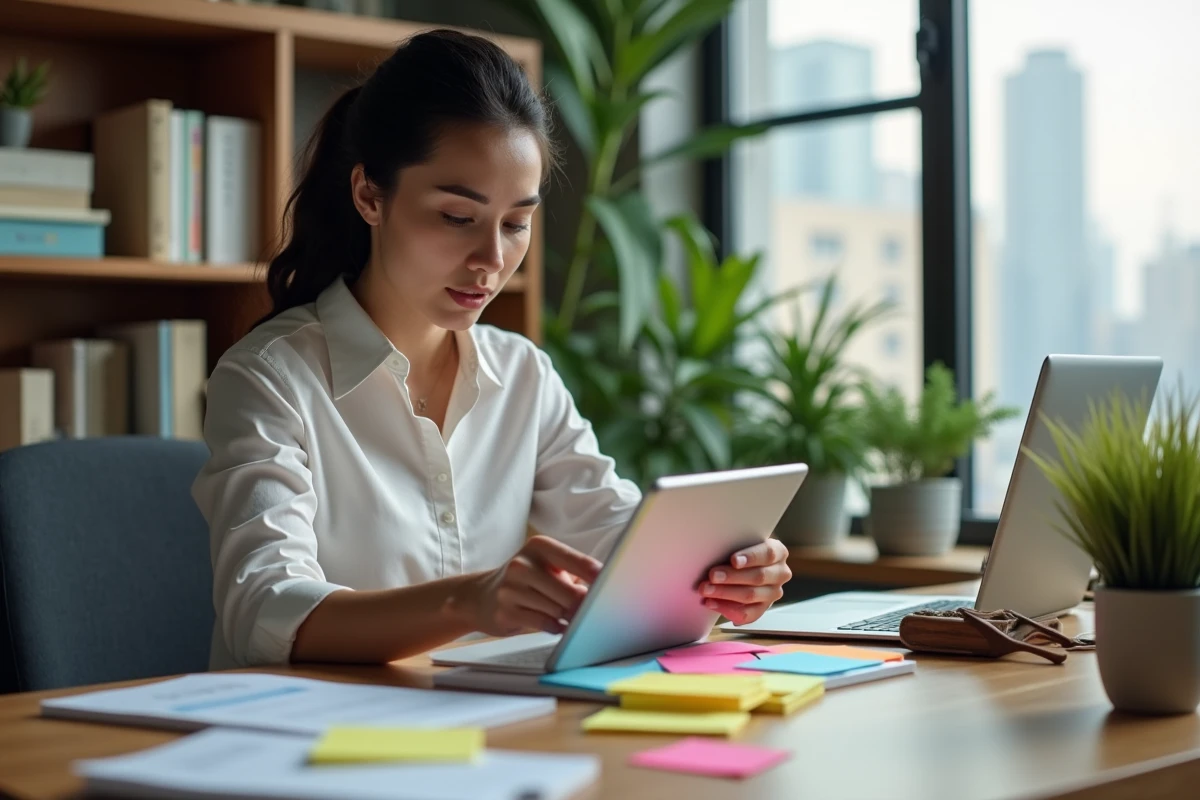 Jeune femme professionnelle organisant des notes dans un bureau moderne