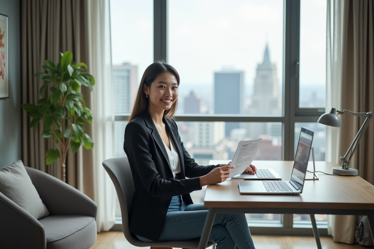 Jeune femme en bureau moderne avec documents et vue urbaine