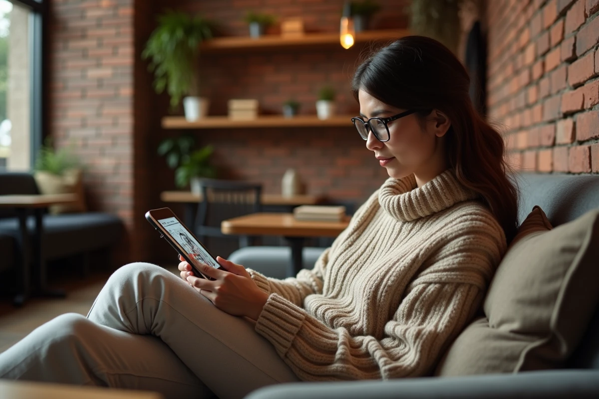 Femme lisant manga sur tablette dans un café chaleureux