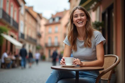 Jeune femme souriante dans un café à Toulouse