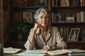 Femme mature en réflexion dans un bureau ancien