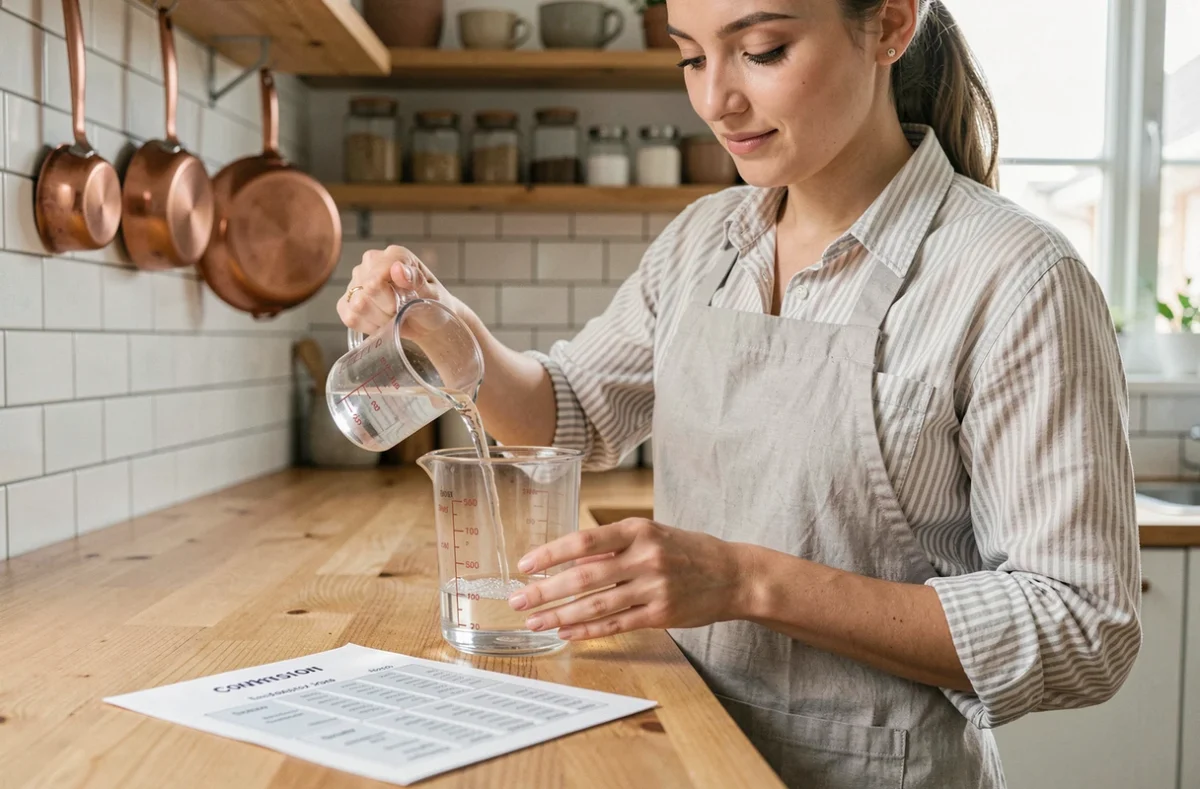 Femme mesurant des volumes liquides en cuisine avec un tableau de conversion litres et mètres cubes