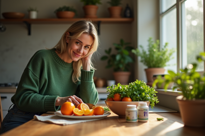 Femme souriante coupe des oranges dans sa cuisine chaleureuse