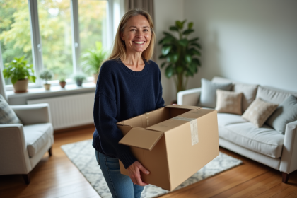 Femme souriante déballant un colis dans un salon cosy