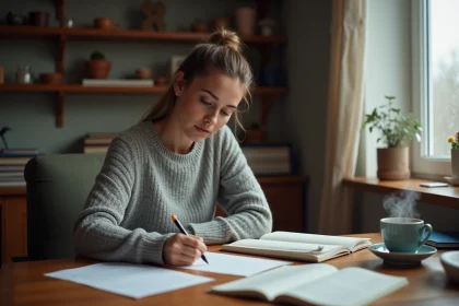 Femme écrivant une lettre à la main à son bureau en bois, exprimant le regret de ne pouvoir rejoindre quelqu'un, ambiance cozy et studieuse