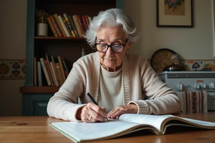 Femme âgée lisant un magazine religieux en cuisine