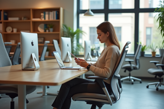 Jeune femme compare des chaises de bureau ergonomiques