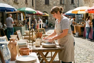 Femme exposante en brocante arrangeant des objets vintage sur une table en bois dans un marché en plein air