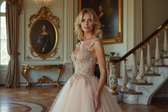 Femme élégante en robe de haute couture à Paris