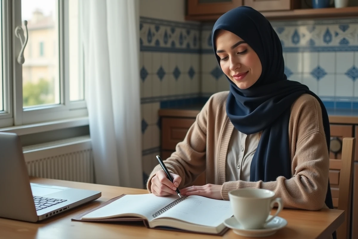 Jeune femme en hijab notant les horaires de prière dans un agenda dans une cuisine marseillaise
