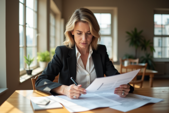 Femme d'âge moyen examinant des documents immobiliers dans un appartement