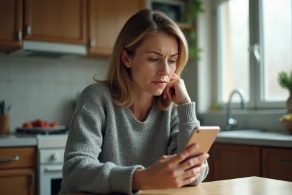 Femme inquiète regardant un appel entrant suspect sur son smartphone, illustrant les signaux d'alerte liés au numéro 0270