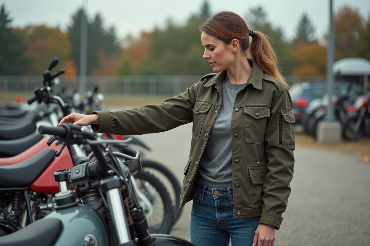 Femme inspectant une moto tout-terrain en concession