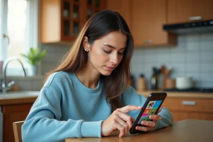 Jeune femme jouant à un jeu de devinettes 4 images 1 mot sur smartphone à une table en bois