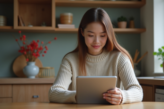 Jeune femme jouant au jeu Snake sur tablette dans la cuisine