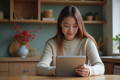 Jeune femme jouant au jeu Snake sur tablette dans la cuisine
