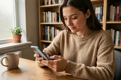 Jeune femme concentrée jouant à Sutom sur son smartphone à son bureau, guide quotidien de progression