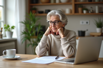 Femme d'âge moyen lisant des documents financiers dans la cuisine