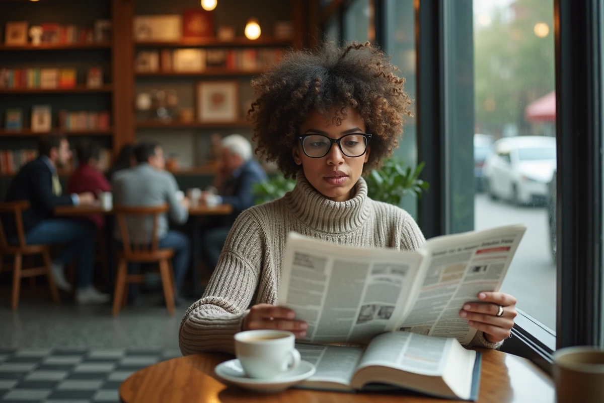 Femme lisant un journal dans un café avec une expression critique et réfléchie, symbolisant l'analyse médiatique et les dérives sémantiques du terme woke