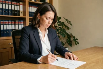 Femme professionnelle relisant une lettre formelle adressée à un huissier de justice à son bureau à domicile