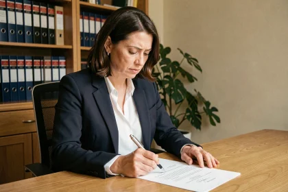 Femme professionnelle relisant une lettre formelle adressée à un huissier de justice à son bureau à domicile