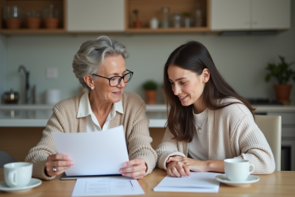 Femme et fille lisant des documents de sante dans une cuisine moderne