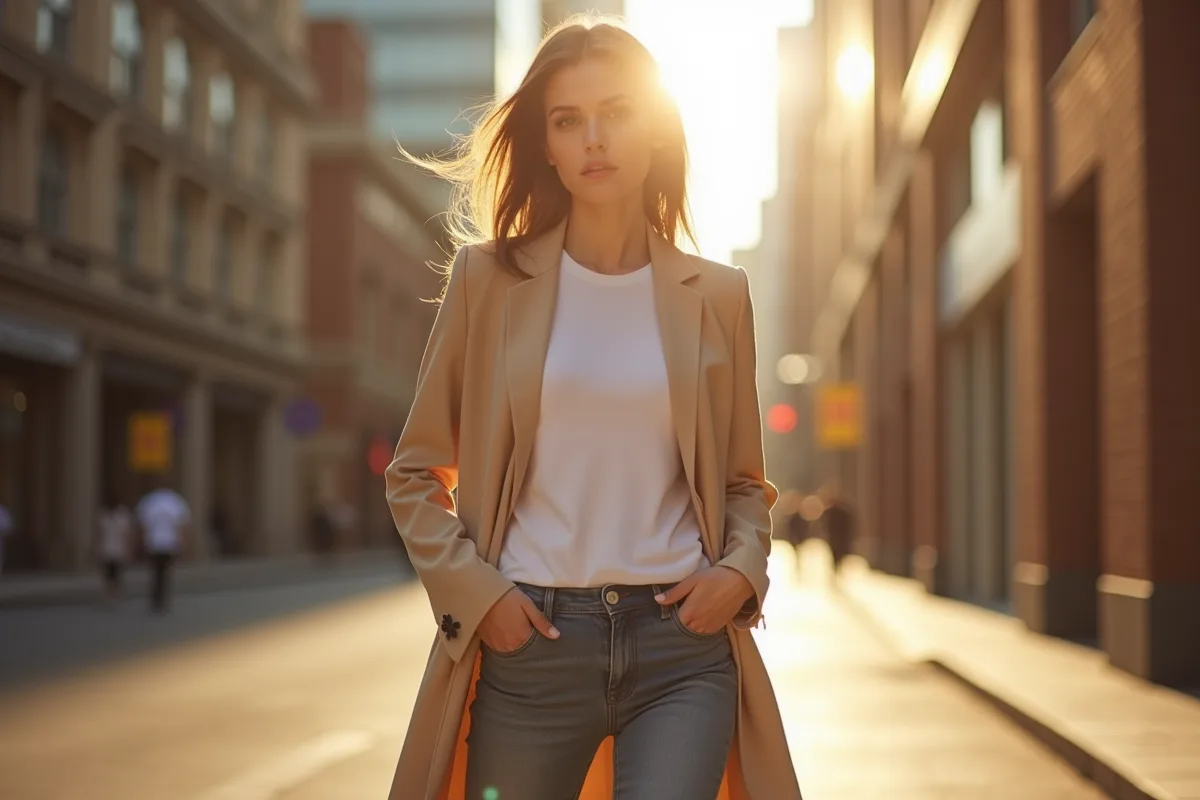 Femme mode mixant pièces capsule en ville au coucher du soleil