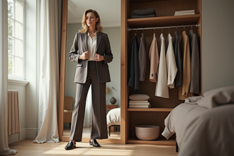 Femme élégante en blazer ajusté dans une chambre lumineuse