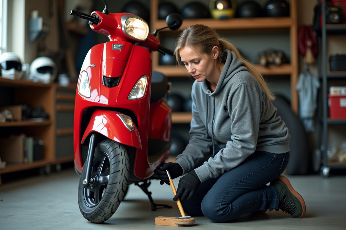 Femme nettoie la chaîne de son scooter dans un garage pratique