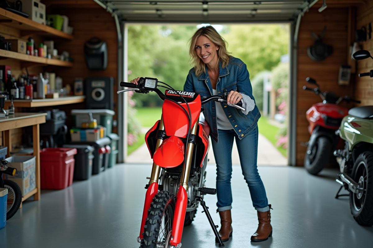Femme nettoyant sa moto 125cc dans son garage