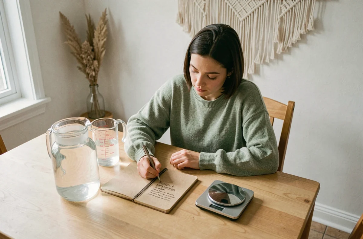 Jeune femme prenant des notes de conversion de 5 litres en millilitres pour une recette avec un carnet, un pichet et des ustensiles de mesure sur une table en bois