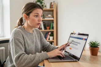 Femme consultant une notification de changement de nom de logiciel sur son ordinateur portable dans un bureau à domicile moderne